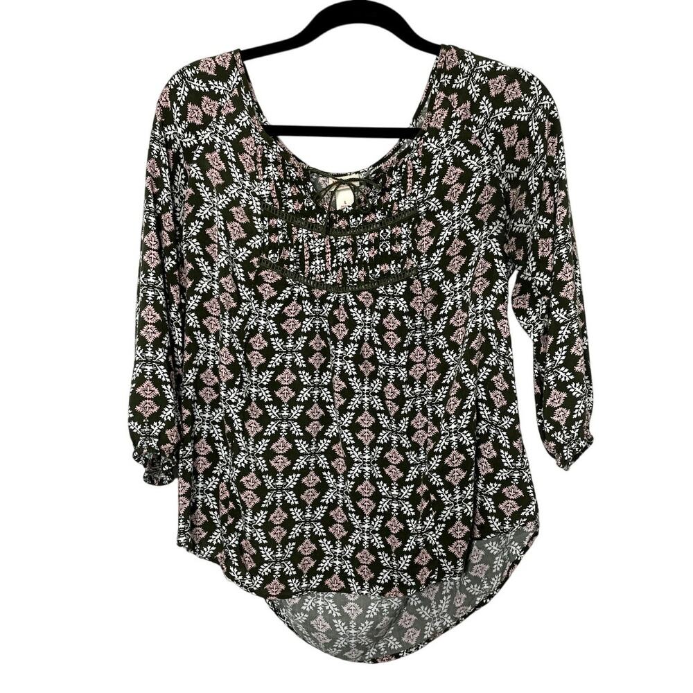 Women's‎ Mossimo Supply Green Pink Blouse Top Shirt Floral Hippy Boho L Tie Neck